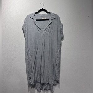 Blue and White Asymmetrical Mini Dress with Notched Collar